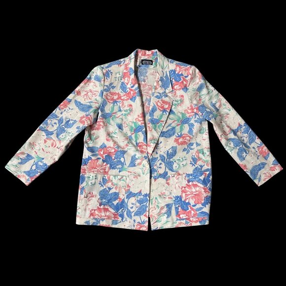 Vintage Floral Blazer 1980s Womens Jacket Pink Blue Shoulder Pads USA Size 18 - Picture 2 of 7